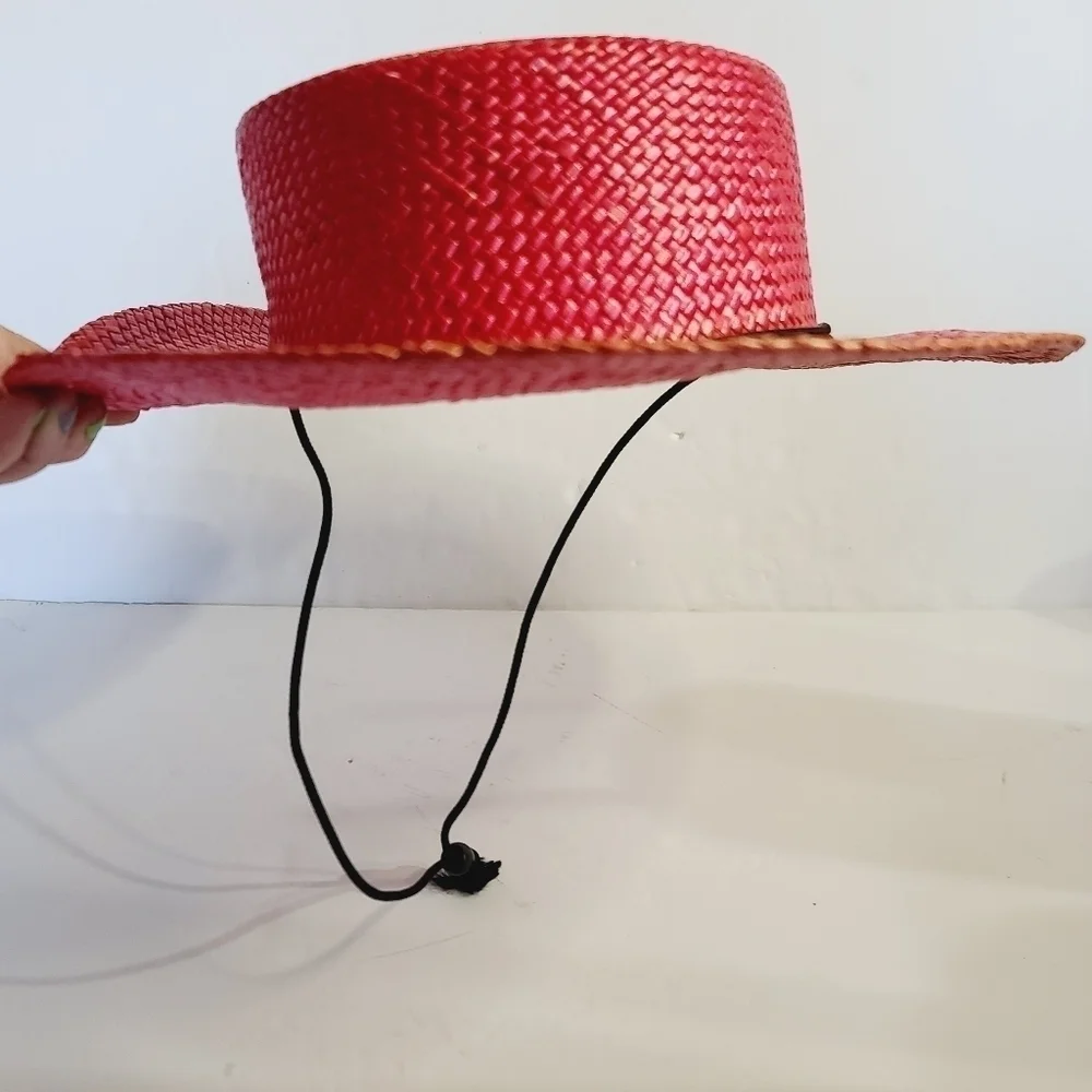 Vintage 90s Red Straw Brim Beach Summer Hat - Picture 7 of 11